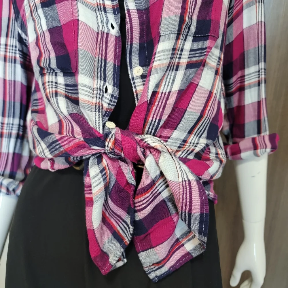 Banana Republic Magenta Plaid Flannel Shirt Boyfriend Fit Small Chic